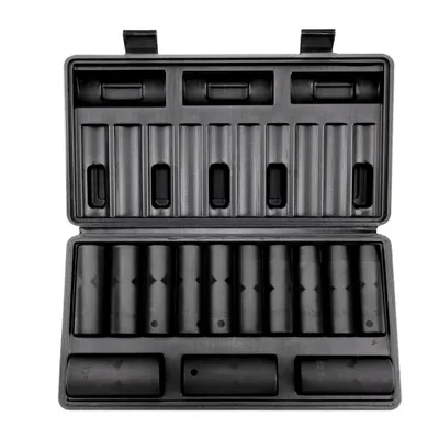 Produktbild von Profi Steckschlüsselsatz CR-V-Legierter Stahl - 13-teiliger Steckschlüsselsatz 10-24 mm - Tiefe Stecknüsse für Schlagschrauber - HRC 42-48 - Werkzeugkoffer inklusive - Metrisch Schraubenausdreher
