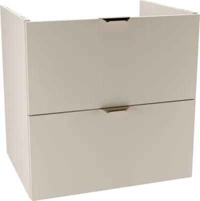 A two-drawer vanity unit with gold-colored handles.