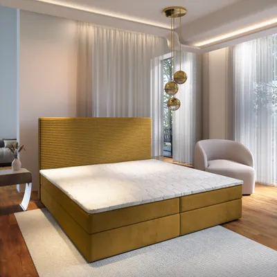 Produktbild von Masseno Boxspringbett GIARRO 180x200 cm Komplett-Set mit Bonell Matratze und Topper, Polsterbett mit Bettkästen -Gelb, POSO 01 + KRONOS 01
