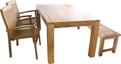 Produktbild von 4-tlg. Teakholz Garnitur Esstisch 180x90x75cm + 1 Teakholz Bank + 2 Stapelsessel