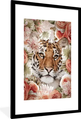 Produktbild von MuchoWow® MuchoWow® Gerahmtes Poster Tiger - Blumen - Porträt 60x90 cm - Poster mit zchwarzem Bilderrahmen - Dekoration - Wandposter Wohnzimmer - Hochwertig