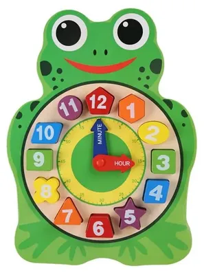 Produktbild von Montessori Lernuhr Holz - Frosch - Holzspielzeug Lerntuhr Steckspiel ab 4 Jahren
