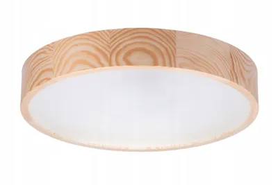 A round ceiling lamp with a wooden frame and a white diffuser.
