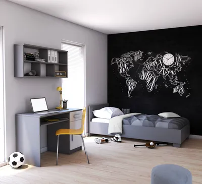 Produktbild von Kinderzimmer-Set Bett, Wandregal, Schreibtisch Grau/Weiß mit weißen Griffen und Matratze JONAS V3