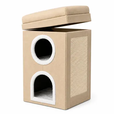 Image de Maison pour chat Dogeste Moko avec surface à griffer, 2 niveaux, pliable, 3 espaces de repos, beige