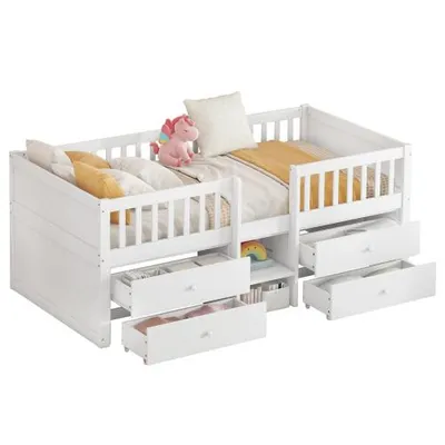 Produktbild von Kinderbett mit Schubladen und Lattenrost, 90x200 cm, Rausfallschutz, Holzbett, Jugendbett, Einzelbett, Kiefer