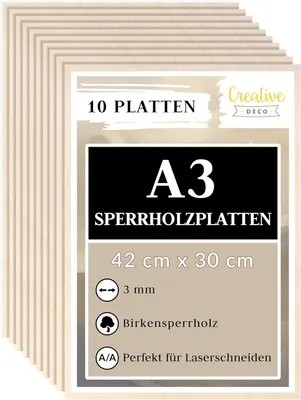 Produktbild von Creative Deco 10 x A3 Sperrholzplatte 3mm | 420 x 300 mm | Birkensperrholz Laserfähig für Lasergravur, Laserschneiden, Laubsäge, Brandmalerei, CNC Router