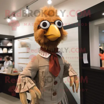 Immagine prodotto di Personaggio del costume della mascotte REDBROKOLY di pollo marrone vestito con un vestito e spille