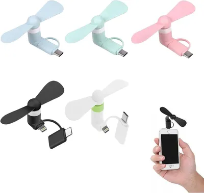 Produktbild von Smartphone Mini Ventilator USB 5er Set, Handy Lüfter für iPhone & Type C Geräte, leise Plug & Play Kühlung für Sommer unterwegs
