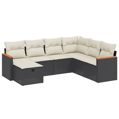 Produktbild von 7-teilige Garten-Sofagarnitur, modular, Schwarz, PE-Rattan, pulverbeschichteter Stahlrahmen, UV-beständig, cremeweiße Kissen mit abnehmbaren Bezügen