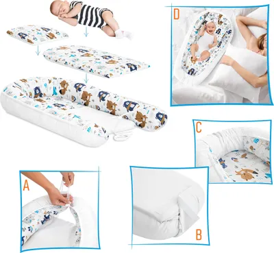 Obrázok produktu pre kompletná súprava 3 v 1 - detské hniezdo, podložka do postieľky a vankúš Bezpečné a ergonomické pre vaše dieťa Medveď a líška