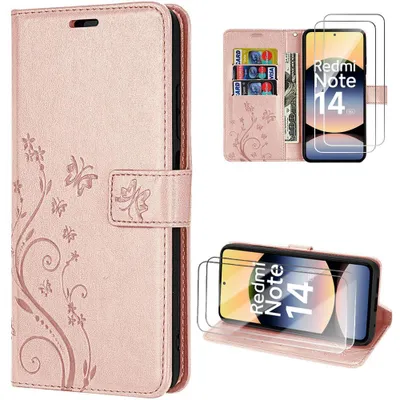 Image de Coque + 2 Verres Trempés pour Xiaomi Redmi Note 14 5G, Protection Antichoc CuirPolyuréthaneRelief Floral Rose
