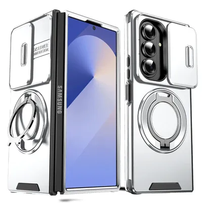 Produktbild von Handyhülle für Samsung Galaxy Z Fold7 Dual-Layer Stoßfest Militär Hülle mit Dia Kameraschutz, Magnetisch Ring Ständer Silber