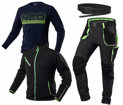 A flat lay of workwear clothing items including a long-sleeved shirt, a fleece jacket, pants, and a belt.