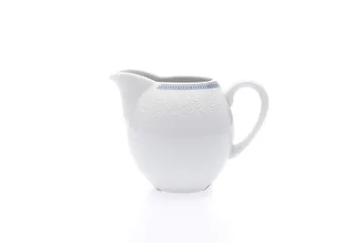 Zdjęcie produktu dla Thun 1794 Wysoki dzbanek na mleko, czeska porcelana, 0,35 l, biała koronka, niebieski brzeg, Thun