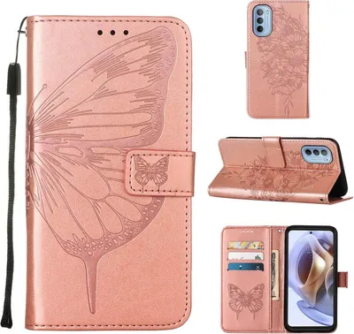 Obrázek produktu pro Moto G31 Pouzdro, Motýlí Reliéf Flip Kožené Pouzdro s Kapsami na Karty a Stojánkem pro Motorola Moto G31 Růžové zlato