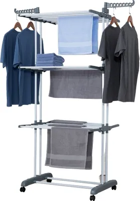 Produktbild von Turm‑Wäscheständer ca. 18 m Wäscheleine – 3 Ebenen, 6 Flügel, 24 Stangen, 2 Seitenflügel, mobil, klappbar für Innen & Außen, 76 x 64 x 170 cm