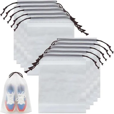 Produktbild von Famanu Schuhbeutel - 10 Stück Wasserabweisende Schuhentaschen mit Zugkordel - PE Laarzentasche 40 x 30 cm - Multifunktionale Aufbewahrungstasche -