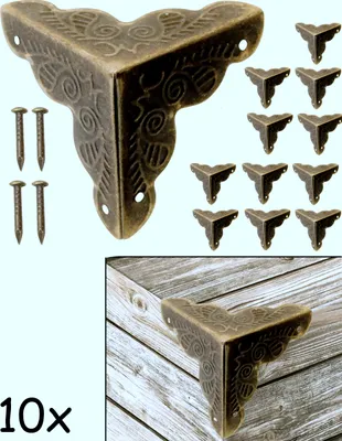 Produktbild von FUXXER® - 10x Antik Möbel Ecken | Beschläge für Kisten Boxen Möbel Regal Tisch | Vintage Messing Antik Optik | inkl.40 passende Nägel