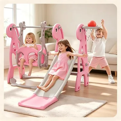 Imagen del producto de Juego infantil con tobogán y columpio, ideal para niños pequeños, que incluye un aro de baloncesto