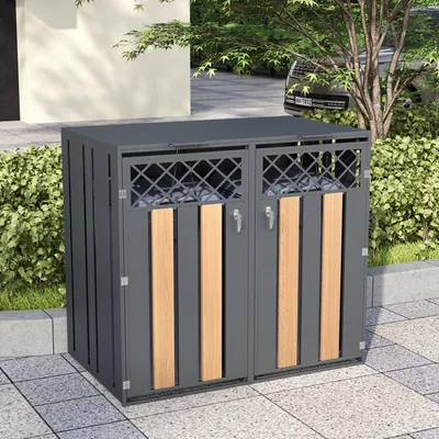 Image de Abri pour poubelles d'extérieur, abri pour poubelles avec couvercle rabattable, compartiments de rangement pour poubelles, verrouillable, 2 portes