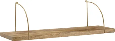 A wooden shelf with gold metal supports against a white background.
