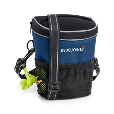 A blue dog treat bag with a black mesh pocket and a green waste bag dispenser.