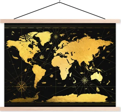 Produktbild von MuchoWow® Textilposter Weltkarte - Luxus - Gold 60x45 cm mit holzfarbenen Rahmen - Bild