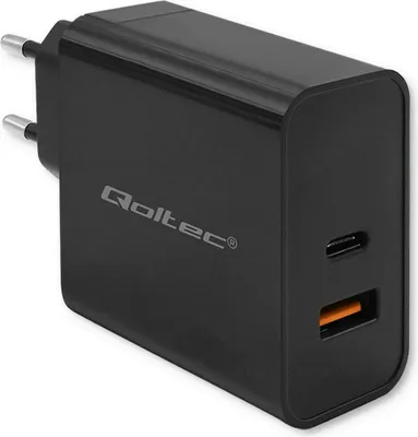 Produktbild von Qoltec 52381 Superschnelles PD-Ladegerät | 1xUSB-C | 1xUSB| 90W | 5-20V | 2 4-4 35A | Schwarz