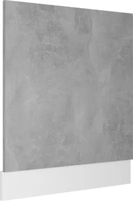 A close-up, angled view of a dishwasher front panel with a concrete-like texture, mounted on a white base.