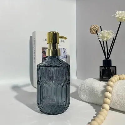 Obrázek produktu pro Dávkovač mýdla skleněný šedý 400 ml – elegantní pumpička do koupelny a kuchyně – vintage design