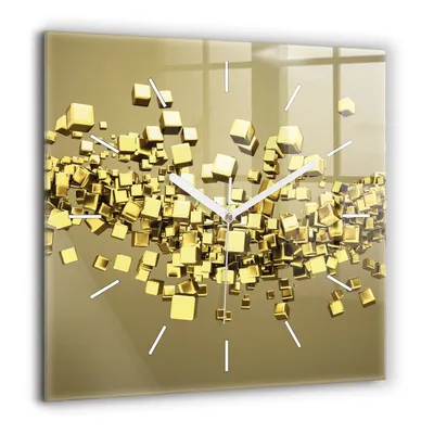Produktbild von Wallfluent Große Wanduhr – Stilles Quarzuhrwerk - Uhr Dekoration Wohnzimmer Schlafzimmer Küche - Zifferblatt mit Striche - weiße Zeiger - 60x60 cm - Goldene Quadrate