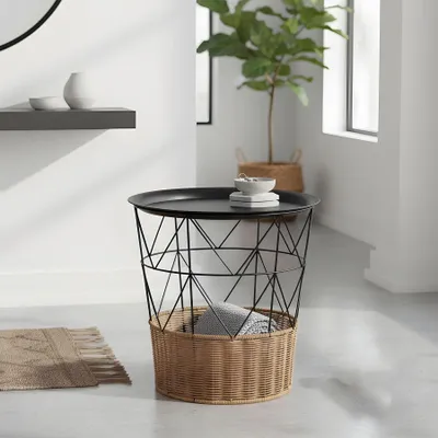 Produktbild von Beistelltisch Schwarz Korb H35cm Metall Tablett Tisch Rund Metalltisch Ablage Ablagetisch Sofatisch Deko Moderne Wohndeko