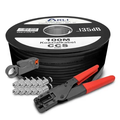 Produktbild von 100m ARLI Koaxialkabel schwarz 135dB + Kompressionszange + Abisoliermesser + 10x Stecker