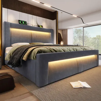 Produktbild von okwish Polsterbett 140x200 Doppelbett LED-Lampe mit App-Steuerung Jugendbett Funktionsbett mit USB und Type-C-Ladeanschlüsse Hydraulikbett mit Stauraum Grau (ohne Matratze)