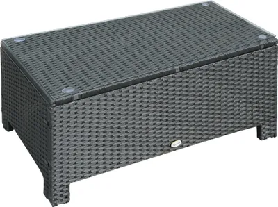 A dark gray rattan coffee table with a glass top, shown from a diagonal angle on a white background.