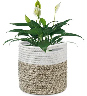 Immagine prodotto di Vaso da fiori con inserto da 20 cm e cesto portaoggetti in tessuto, ideale per piante da interno, colore bianco/khaki