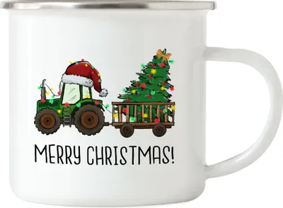 Produktbild von Merry Christmas Emaille Tasse Weihnachten Weihnachtsbaum Weihnachtsdekoration Traktor Weihnachtsstern