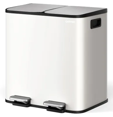 Image de Poubelle de cuisine - Poubelle à pédale avec 2 compartiments - Tri sélectif de 2 x 15 litres - Couvercle à fermeture douce - Acier inoxydable - Rectangulaire - Blanche