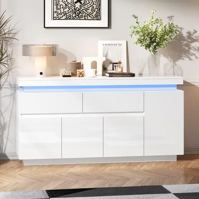 Produktbild von Wohnzimmerschrank, sideboard,anrichte,Beistellschrank mit 2 Schubladen,Hochglanz-kommode,Aufbewahrungsschrank mit 4 Türen,LED-Bodenschrank