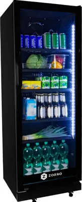 A black glass-door beverage cooler filled with various drinks and produce, illuminated by internal LED lights.