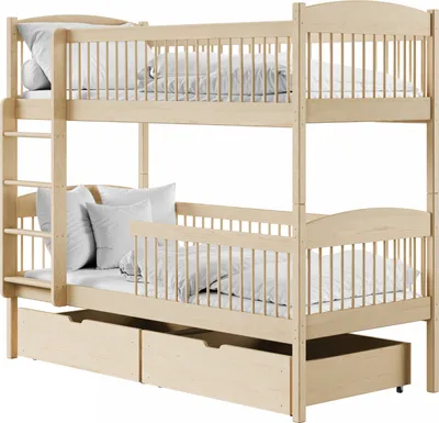 Produktbild von Hochbett Kinder, Etagenbett, Kinderbett | Massives Kiefernholz, 2 Schubladen, sicher & funktional | Größen: 80x180, 90x190, 90x200 cm | 80x180 cm von 3. bis 12. Lebensjahr | Natur