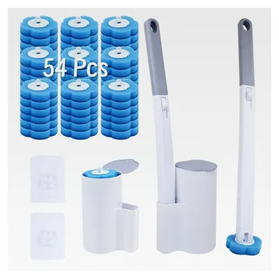 Produktbild von Einweg Toilettenbürsten Set, 2 Stück Wandmontage mit 54 Nachfüllbürstenköpfen und 2 Haltern, WC Bürstengarnitur Blau (Meeresduft)