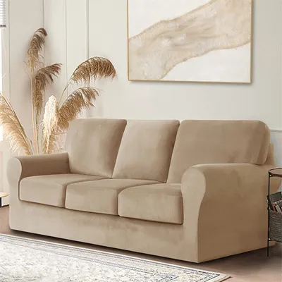 Produktbild von Samt-Stretch-Sofabezug mit separatem Rückenlehnenbezug und Sitzkissenbezug, Anti-Rutsch-Sessel-Sofa-Überzug mit Gummiband für Wohnzimmer (3-sitzer, Beige)