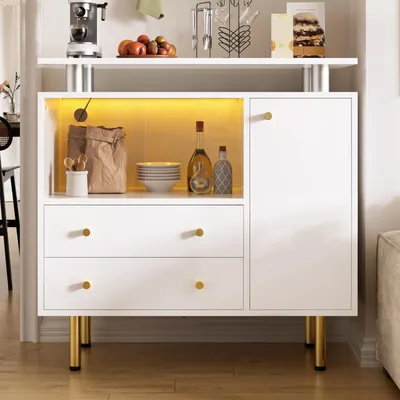 Immagine prodotto di Flieks: Mobile bar moderno a LED con 2 ante scorrevoli in vetro, 2 cassetti e 1 anta, contenitore con maniglie in metallo, gambe in metallo, ideale per soggiorno, ingresso, armadio, colore bianco