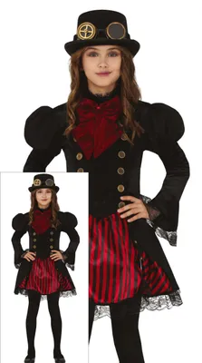 Produktbild von Steampunk Halloween Outfit Kinder Kürbismond Grusel Party Viktorianischer Stil Rot Schwarz Zeitreise Kostüm Abenteuer Fasching Kinderfest Vampirkleidung, Größe: 110/116 Farbe: Schwarz