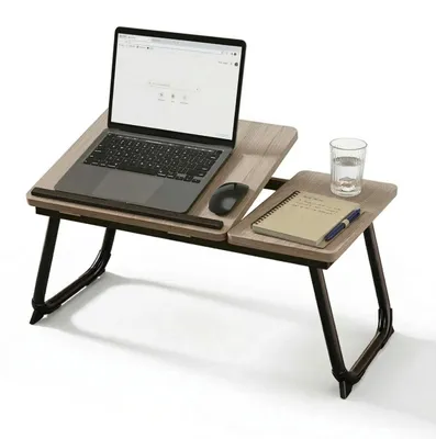 Zdjęcie produktu dla Relaxdays – stolik pod laptopa na łóżko i kanapę, składany stolik przyłóżkowy, z regulacją wysokości, stolik przyłóżkowy, metalowy, imitacja drewna/czarny