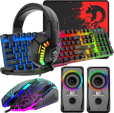 Obrázok produktu pre UK Layout drôtová 104 klávesová herná klávesnica-myš-sluchátka-reproduktor 5 v 1 Combo Multi RGB podsvietenie nastaviteľné 2400DPI myš