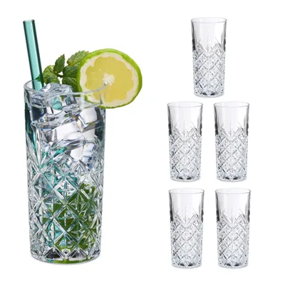 Obrázek produktu pro Sada 6 sklenic na longdrinky Relaxdays, 300 ml, broušené sklenice, vhodné do myčky, sklenice typu highball, průhledné
