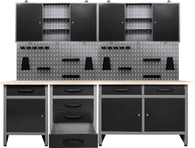 Produktbild von Ondis24 Metall Werkstatt Set 240 cm "Bastler" 3x Werkbank + 2 Schränke abschließbar höhenverstellbare Füße Arbeitsplatte Holz Werkstatteinrichtung Packtisch Werktisch Werkstatttisch Montagewerkbank Hängeschrank Werkzeugschrank Werkstattschrank Werkzeugwand Werkstattwand Werkzeughalter Lochblech
